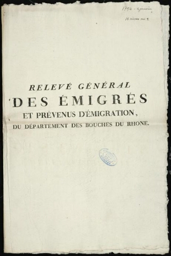 Relevé général des émigrés et prévenus d'émigration, du département des Bouches du Rhône