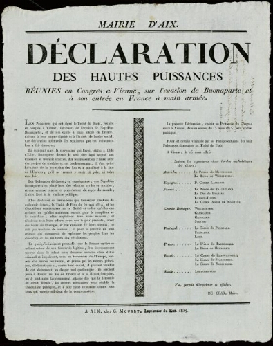 Déclaration des hautes puissances réunies en congrès à Vienne, sur l'évasion de Bonaparte et à son entrée en France à main armée / Mairie d'Aix