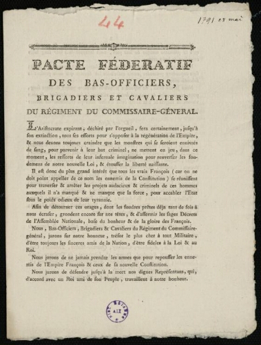 Pacte fédératif des bas-officiers, brigadiers et cavaliers du Régiment du Commissaire général [par la] Société des Amis de la Constitution de la ville d'Aix
