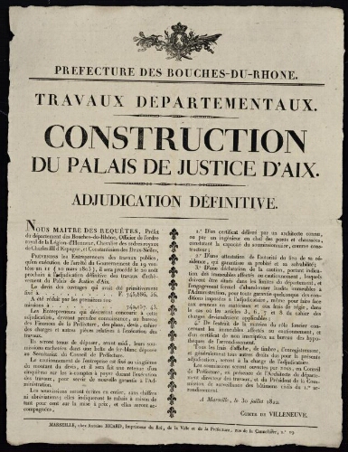Travaux départementaux. Construction du palais de justice d'Aix. Adjudication définitive / Préfecture des Bouches-du-Rhône
