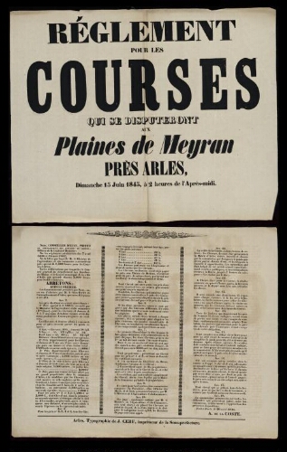 Règlement pour les courses qui se disputeront aux plaines de Meyran près Arles... / Mairie d'Aix