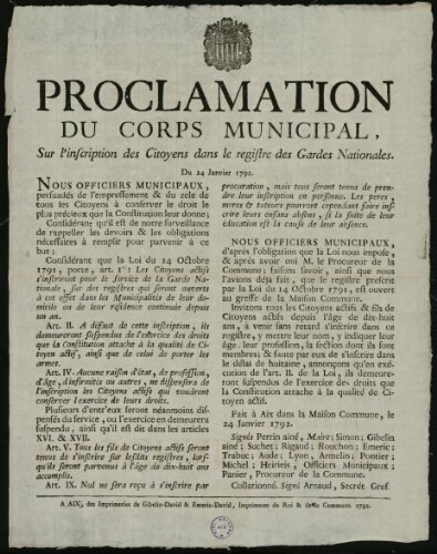 Proclamation du corps municipal, sur l'inscription des citoyens dans le registre des gardes nationales. Du 24 janvier 1792 / [Mairie d’Aix]