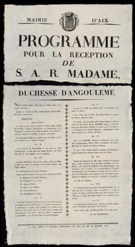 Programme pour la réception S.A.R. Madame duchesse d’Angoulême / Mairie d'Aix