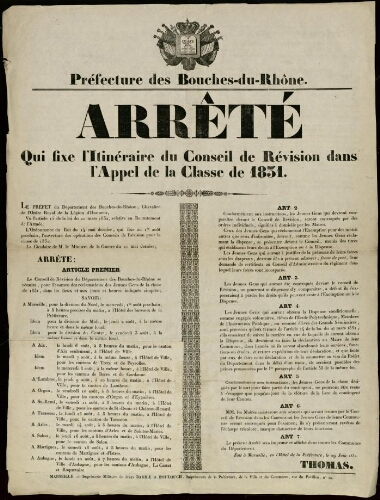 Arrêté qui fixe l'itinéraire du conseil de révision dans l'appel de la classe de 1831 / Préfecture des Bouches-du-Rhône