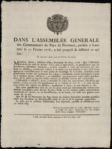 Dans l'assemblée générale des communautés du pays de Provence, publiée à Lambesc le 10 février 1776, a été proposé & délibéré ce qui suit