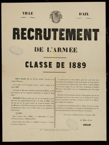 Recrutement de l'armée : classe de 1889 / Ville d’Aix