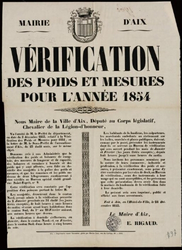 Vérification des poids et mesures pour l'année 1854 / Ville d’Aix