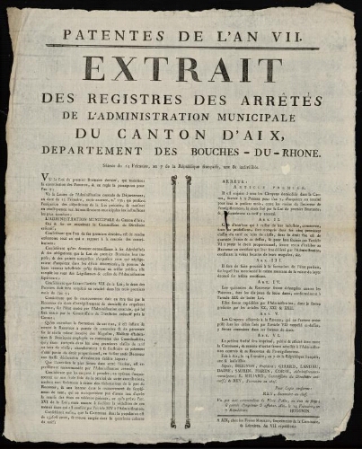 Patentes de l'an VII. Extrait des registres des arrêtés de l'Administration municipale du Canton d'Aix, département des Bouches-du-Rhône