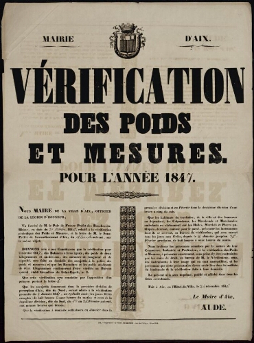Vérification des poids et mesures pour l'année 1847 / Mairie d'Aix