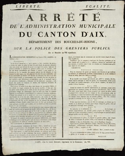 Arrêté de l'Administration municipale du Canton d'Aix, département des Bouches-du-Rhône, sur la police des greniers publics
