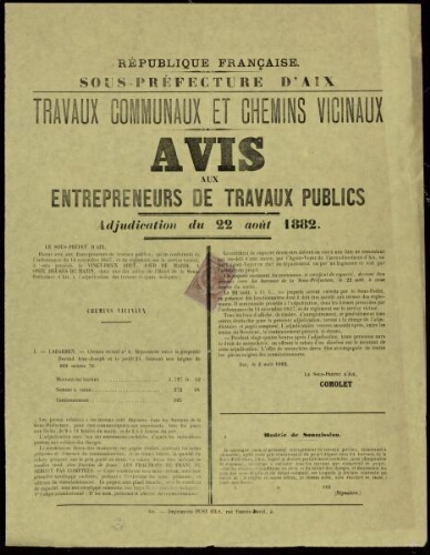 Travaux communaux et chemins vicinaux : avis aux entrepreneurs de travaux publics. Adjudication du 22 août 1882 / Sous-préfecture d'Aix