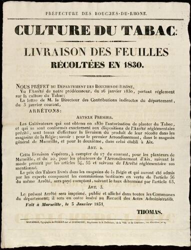 Culture du tabac. Livraison des feuilles récoltées en 1830 / Préfecture des Bouches-du-Rhône