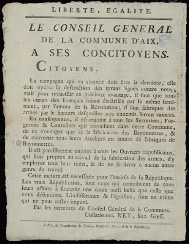 Le Conseil général de la commune d'Aix, a ses concitoyens