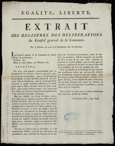 Extrait des registres des délibérations du conseil général de la commune d'Aix / [Mairie d'Aix]