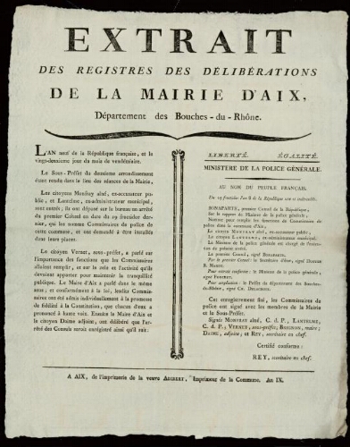 Extrait des registres des délibérations... département des Bouches-du-Rhône. / Mairie d'Aix