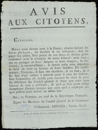 Avis aux citoyens.... Nous nous devons tous à la patrie / Conseil général de la commune d'Aix