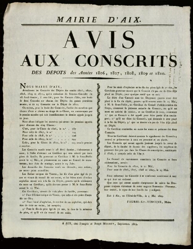 Avis aux conscrits des dépôts des années 1806, 1807, 1808, 1809 et 1810 / Mairie d'Aix