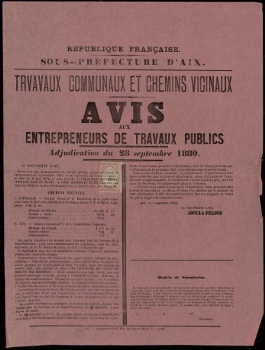 Travaux communaux et chemins vicinaux : avis aux entrepreneurs de travaux publics. Adjudication du 28 septembre 1880 / Sous-préfecture d'Aix
