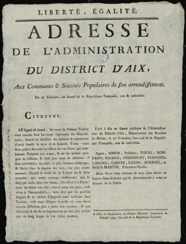 Adresse de l'administration du district d'Aix, aux communes & sociétés populaires de son arrondissement