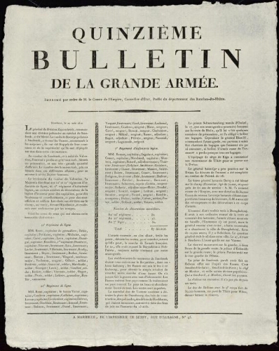 Quinzième bulletin de la grande armée, imprimé par ordre de M. le comte de l'Empire, conseiller d’État, préfet du département des Bouches-du-Rhône. / Préfecture des Bouches-du-Rhône