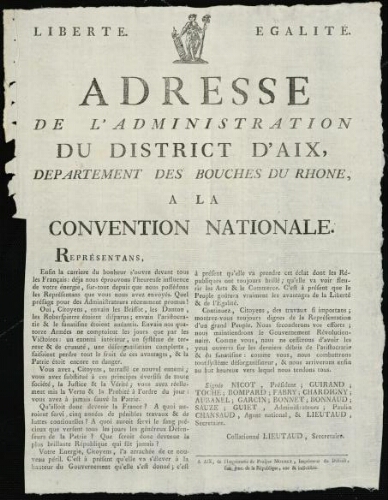 Adresse de l'Administration du district d'Aix, département des Bouches du Rhône, à la Convention Nationale