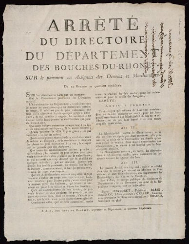Arrêté du directoire du département des Bouches-du-Rhône, sur le paiement en assignats des denrées et marchandises
