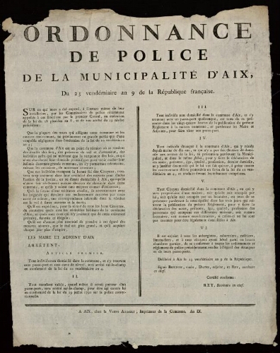 Ordonnance de la municipalité d'Aix, sur les marchandises non soumises au droit d'octroi / Mairie d'Aix