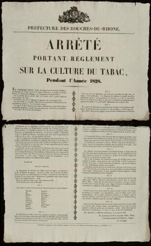 Arrêté portant règlement sur la culture du tabac en 1828 / Préfecture des Bouches-du-Rhône
