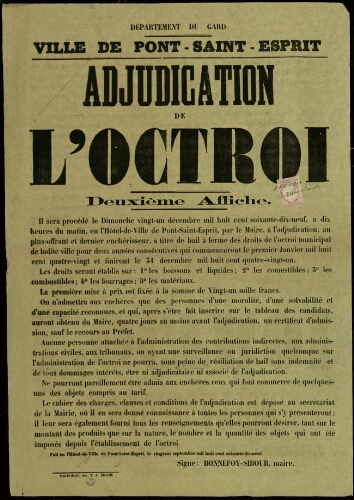 Adjudication de l’octroi : deuxième affiche / Mairie de Pont-Saint-Esprit (département du Gard)