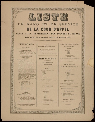 Liste de rang et de service de la cour d'appel séant à Aix, département des Bouches-du-Rhône pour servir du 15 octobre 1890 au 15 octobre 1891