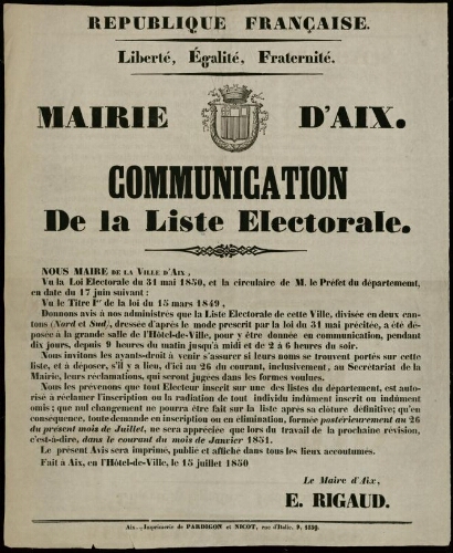 République française. Liberté, égalité, fraternité... Communication de la liste électorale / Mairie d'Aix