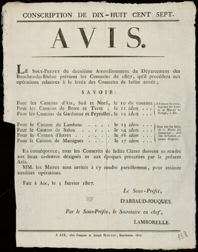 Conscription de dix-huit cent sept. Avis / Sous-préfecture d'Aix