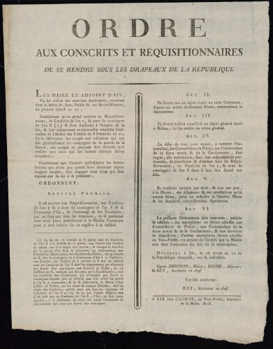 Ordre aux conscrits et réquisitionnaires de se rendre sous les les drapeaux de la République / Brignon, Maire ; Daime, adjoint