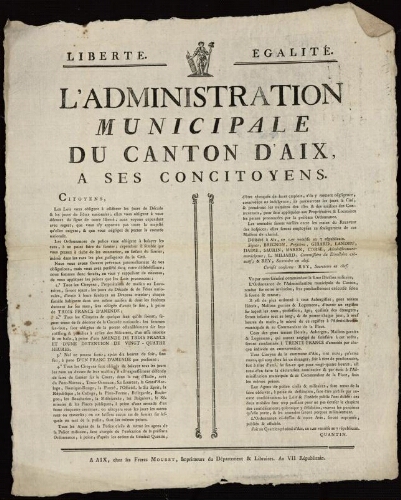 L'Administration municipale du canton d'Aix, à ses concitoyens