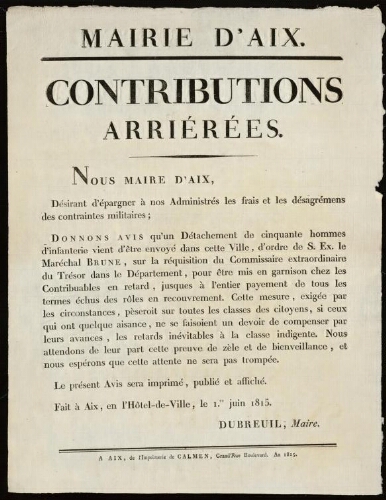 Contributions arriérées / Mairie d'Aix