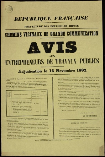 Chemins vicinaux de grande communication. Avis aux entrepreneurs de travaux publics. Adjudication le 16 novembre 1882 / Préfecture des Bouches-du-Rhône