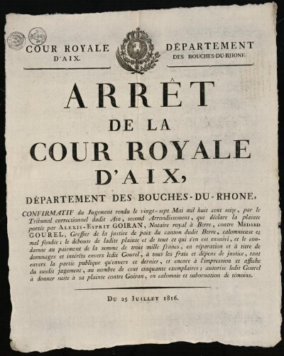 Arrêt de la Cour royale d'Aix, département des Bouches-du-Rhône, confirmatif du jugement rendu le vingt-sept mai mil huit cent seize...