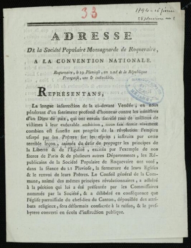 Adresse de la société populaire montagnards de Roquevaire, à la Convention nationale
