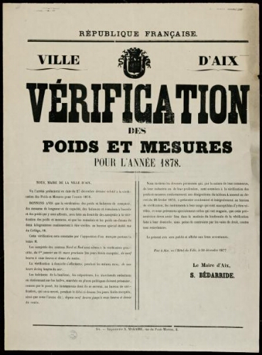 Vérification des poids et mesures pour l’année 1878 / Ville d’Aix