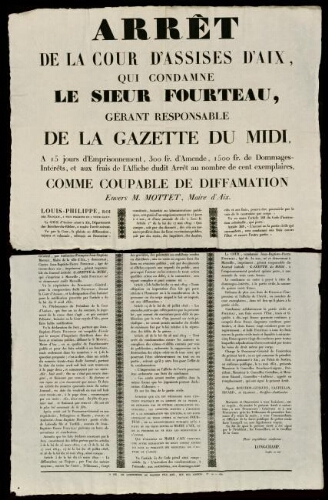 Arrêt de la Cour d'assise qui condamne le sieur Fourteau gérant responsable de la Gazette du Midi (...) comme coupable de diffamation envers M. Mottet, maire d’Aix / Cour d'assises d’Aix