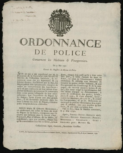 Ordonnance de Police concernant les meûniers & fourgonniers. Du 9 mai 1790. Extrait des registres du bureau de police / [Mairie d’Aix]