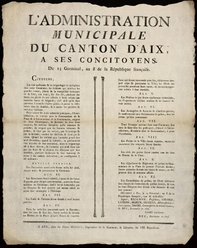 L'administration municipale du Canton d'Aix à ses concitoyens