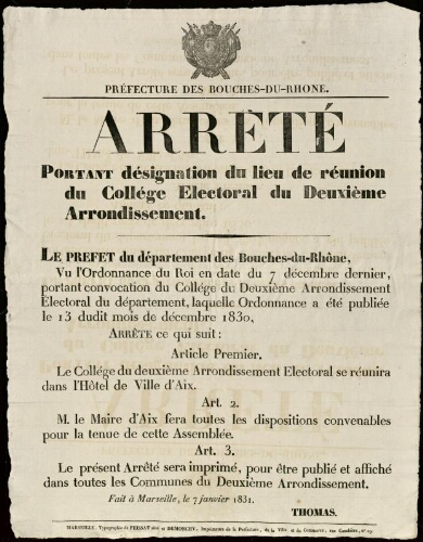 Arrêté portant désignation du lieu de réunion du collège électoral du deuxième arrondissement / Préfecture des Bouches-du-Rhône