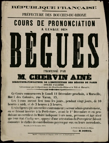 Cours de prononciation à l'usage des bègues professé par M. Chervin ainé, directeur-fondateur de l'institution des bègues de Paris / Préfecture des Bouches-du-Rhône