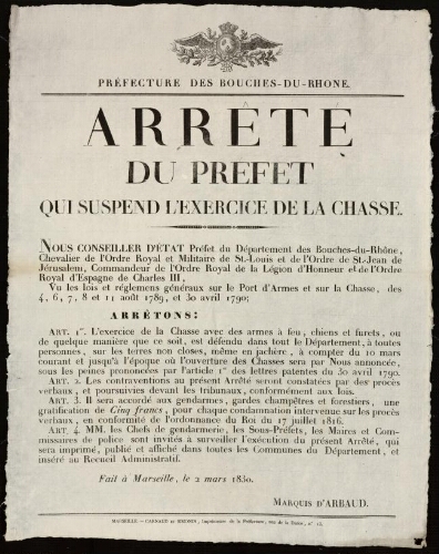 Arrêté du Préfet qui suspend l'exercice de la chasse / Préfecture des Bouches-du-Rhône