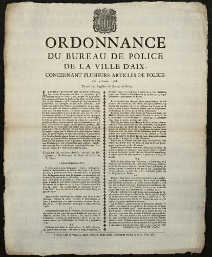 Ordonnance du bureau de police de la ville d'Aix, concernant plusieurs articles de police. Du 14 janvier 1768. Extrait des registres du bureau de police