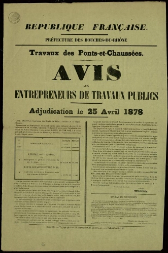 Travaux des Ponts-et-Chaussées : avis aux entrepreneurs de travaux publics. Adjudication du 25 avril 1878 / Préfecture des Bouches-du-Rhône