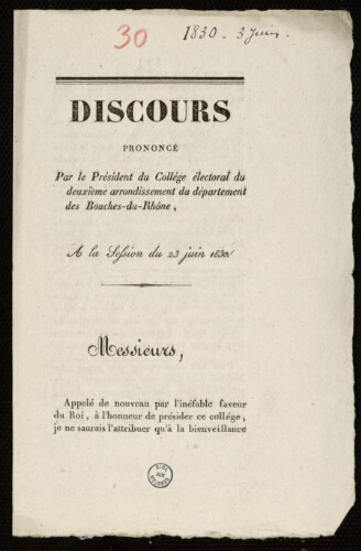 Discours prononcé par le président du collège électoral du deuxième arrondissement, à la session du 23 juin 1830