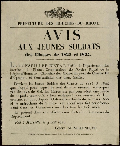 Avis aux jeunes soldats des Classes de 1823 et 1824 / Préfecture des Bouches-du-Rhône