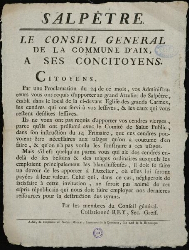 Salpêtre. Le Conseil Général de la Commune d'Aix, à ses concitoyens